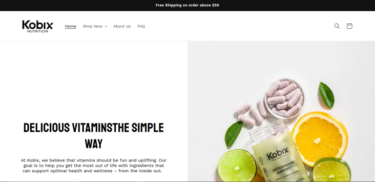 Modern nutrition e-commerce storefront developed by a Shopify E-commerce Specialist using the Dawn theme.