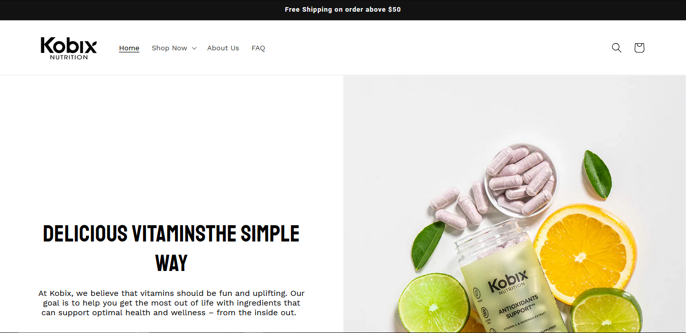 Modern nutrition e-commerce storefront developed by a Shopify E-commerce Specialist using the Dawn theme.
